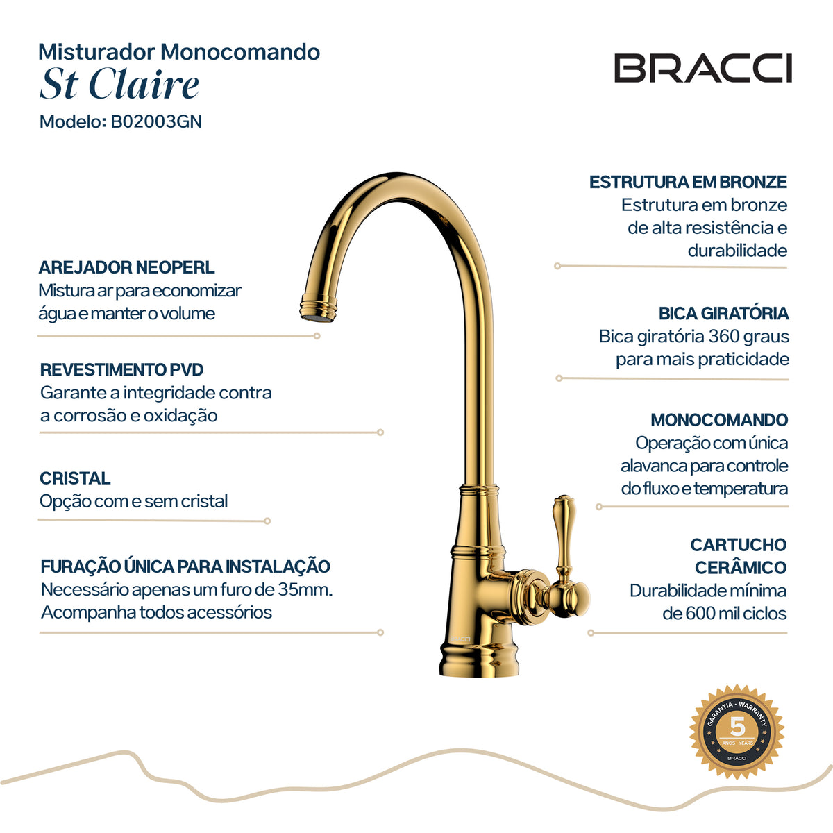 TORNEIRA MONOCOMANDO Q/F ST CLAIRE DOURADO
