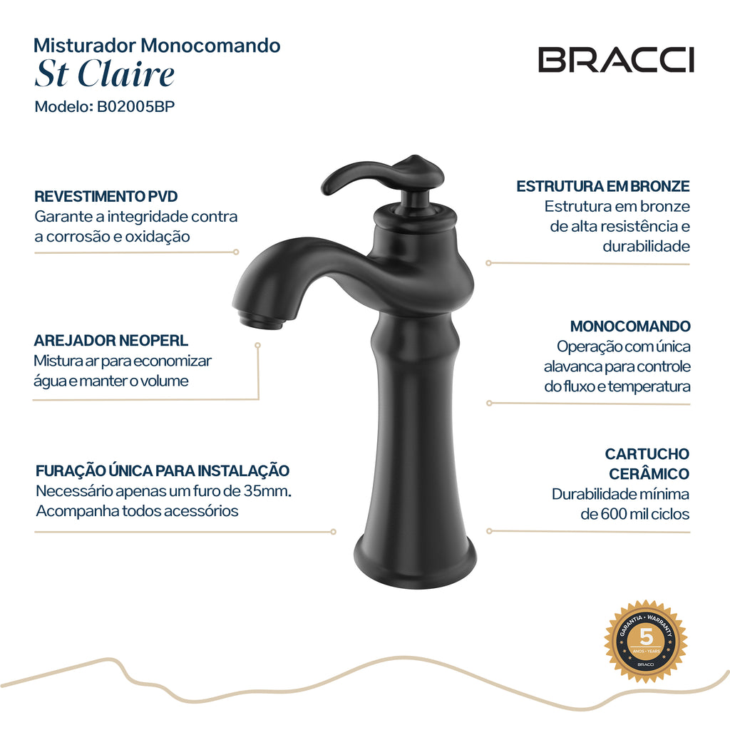 MISTURADOR MONOCOMANDO PRETO FOSCO ST CLAIRE PVD