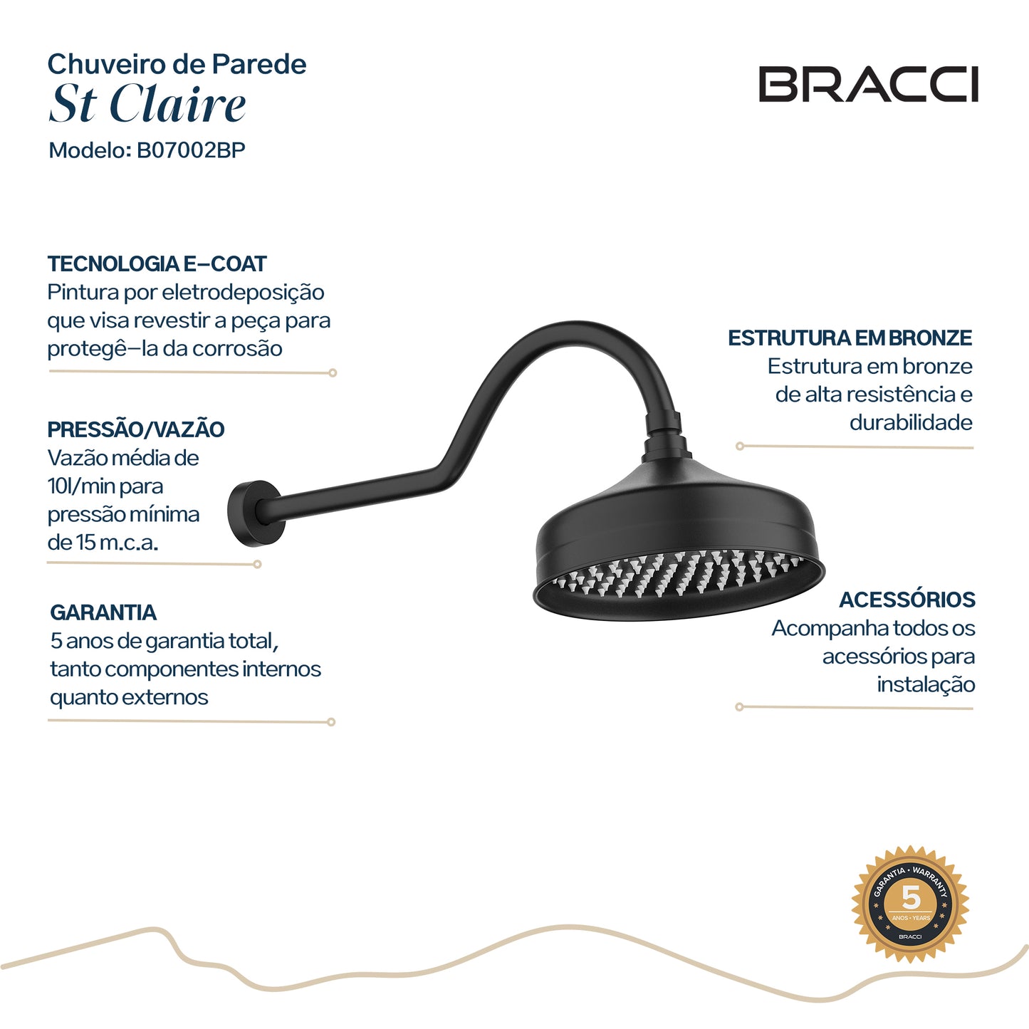 CHUVEIRO DE PAREDE PRETO FOSCO