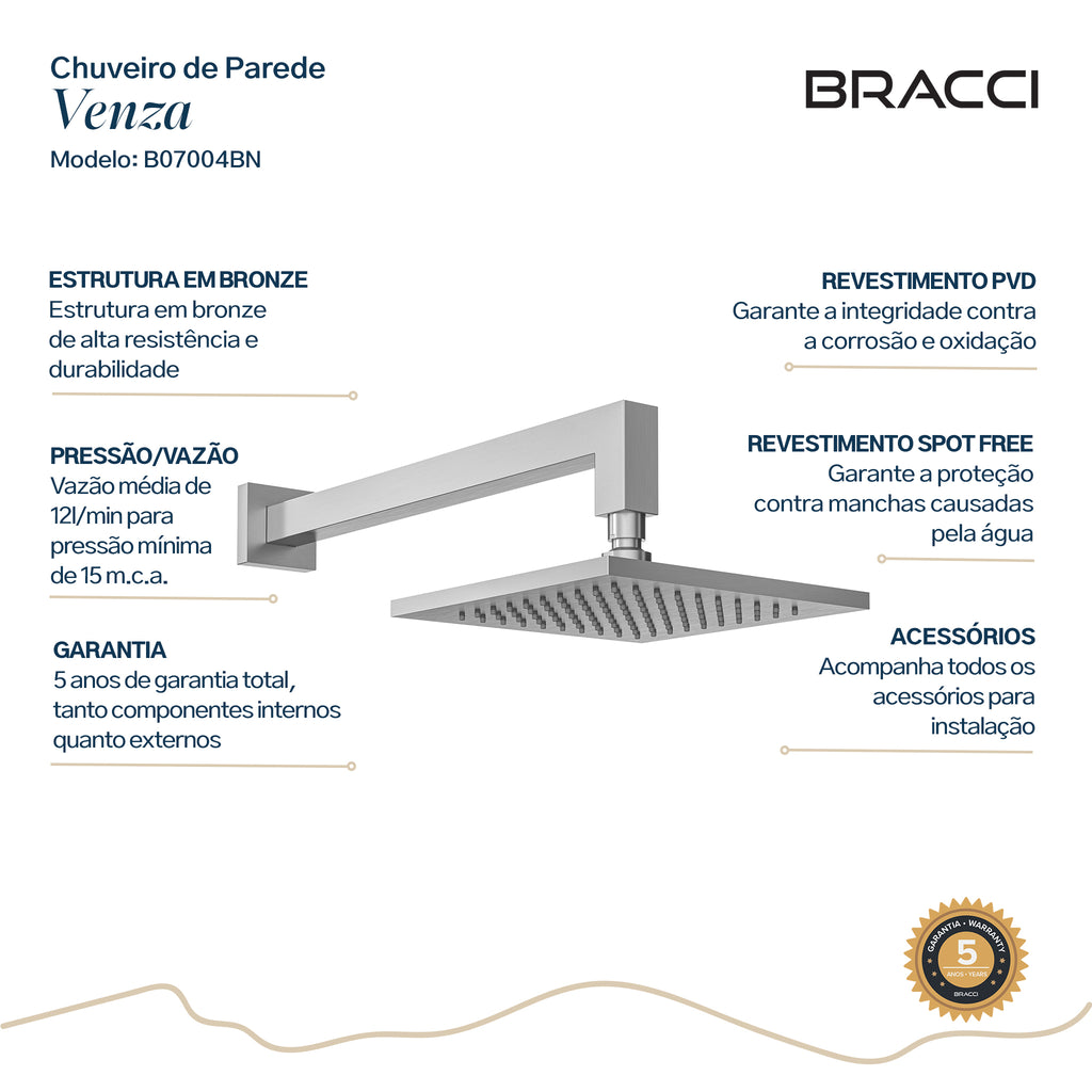 CHUVEIRO DE PAREDE VENZA AÇO ESCOVADO