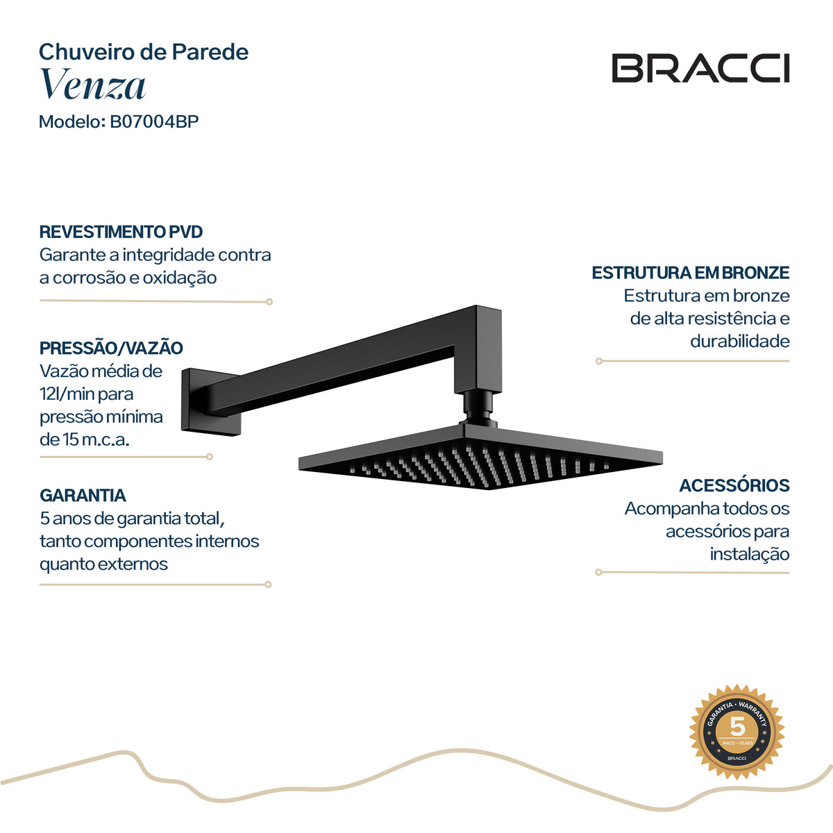 CHUVEIRO PAREDE VENZA PRETO FOSCO PVD