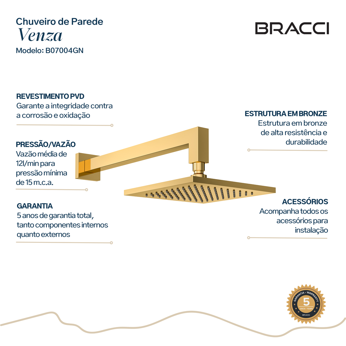 CHUVEIRO PAREDE VENZA DOURADO NANOTECNOLOGIA