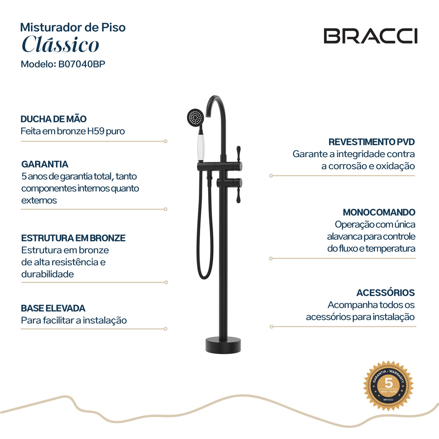 TORNEIRA MONOCOMANDO Q/F PARA BANHEIRAS PRETO