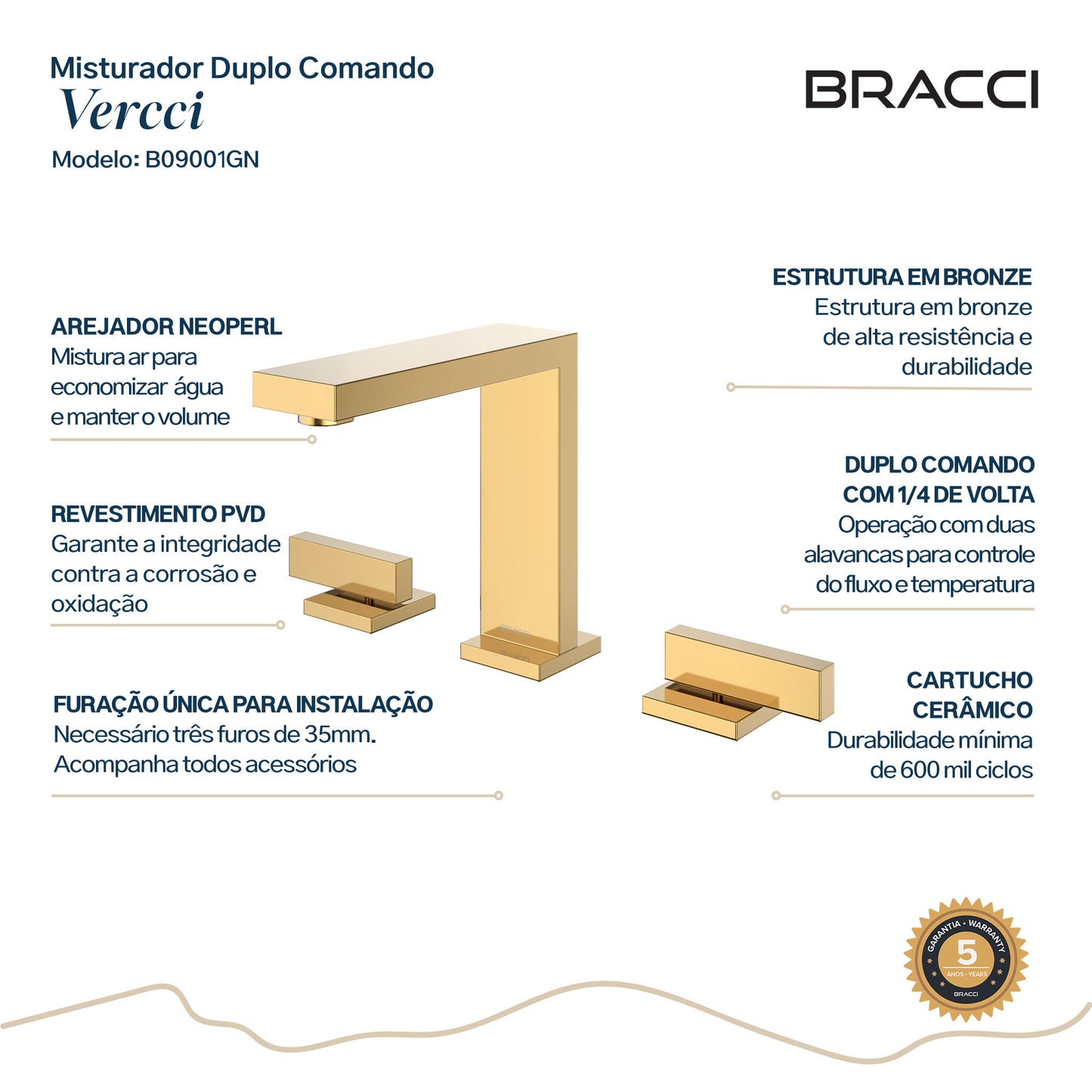 TORNEIRA DUPLO COMANDO Q/F VERCCI DOURADO