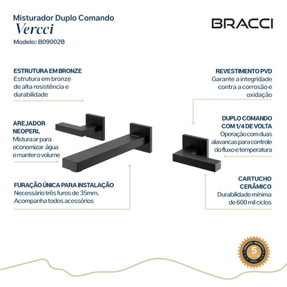 MISTURADOR PAREDE DUPLO COMANDO PRETO FOSCO PVD VERCCI