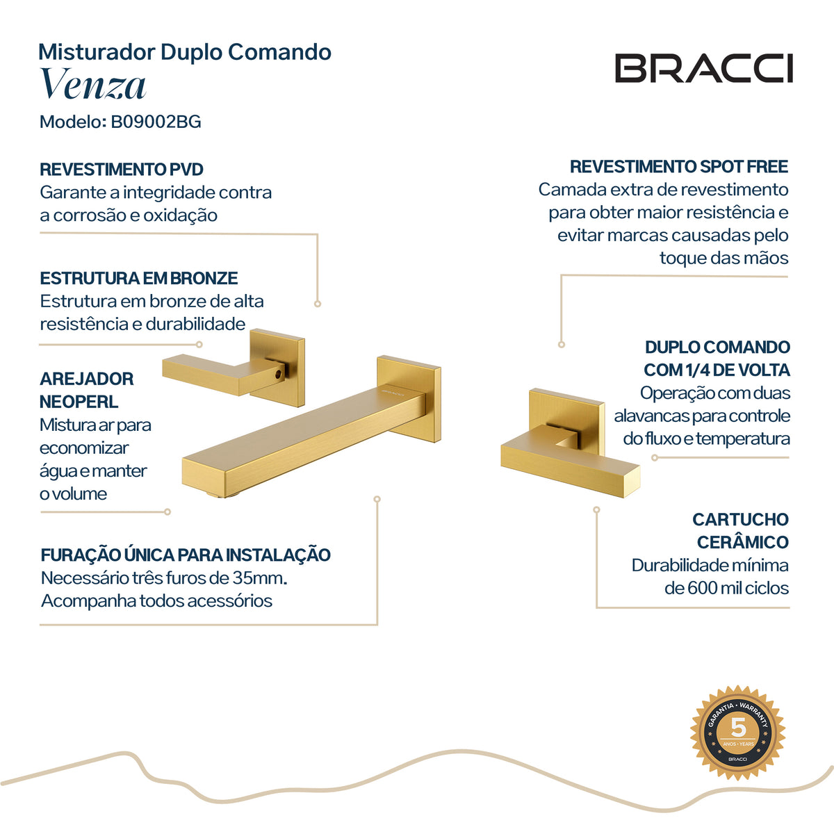 TORNEIRA DUPLO COMANDO DE PAREDE Q/F VENZA DOURADO ESCOVADO