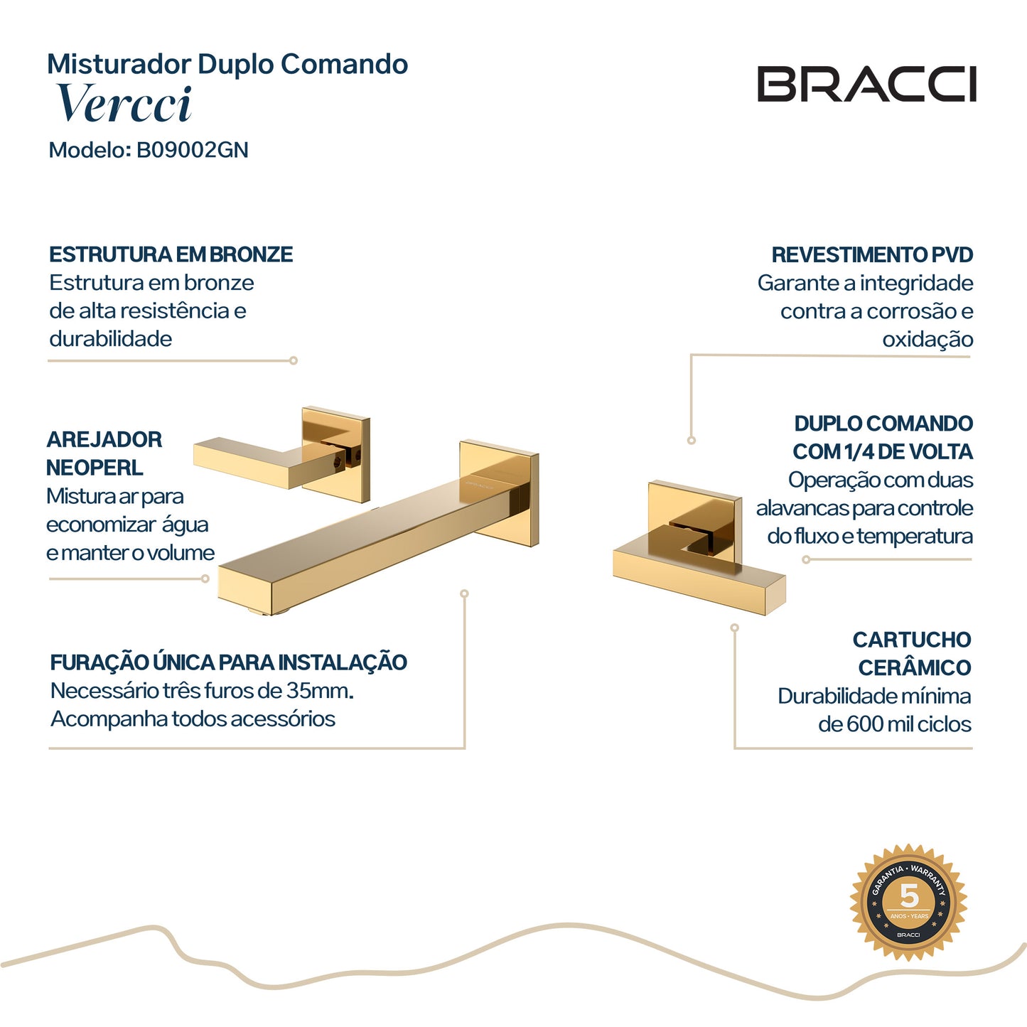 TORNEIRA DUPLO COMANDO  DE PAREDE Q/F VERCCI DOURADO