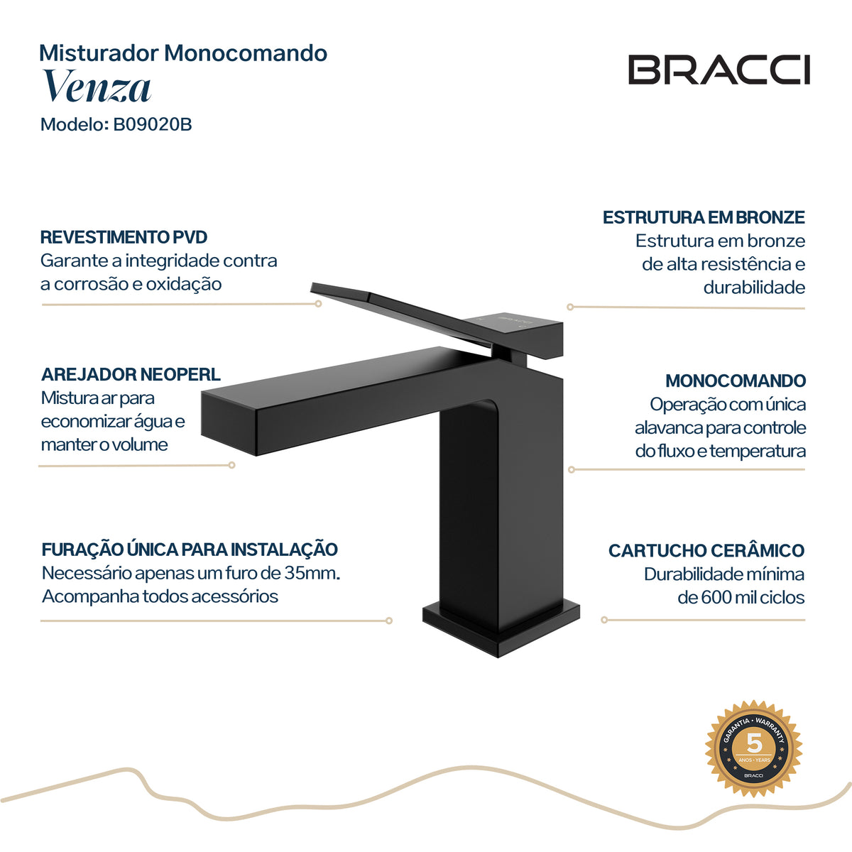 Torneira Monocomando Q/F Venza Preto Baixa - Setas