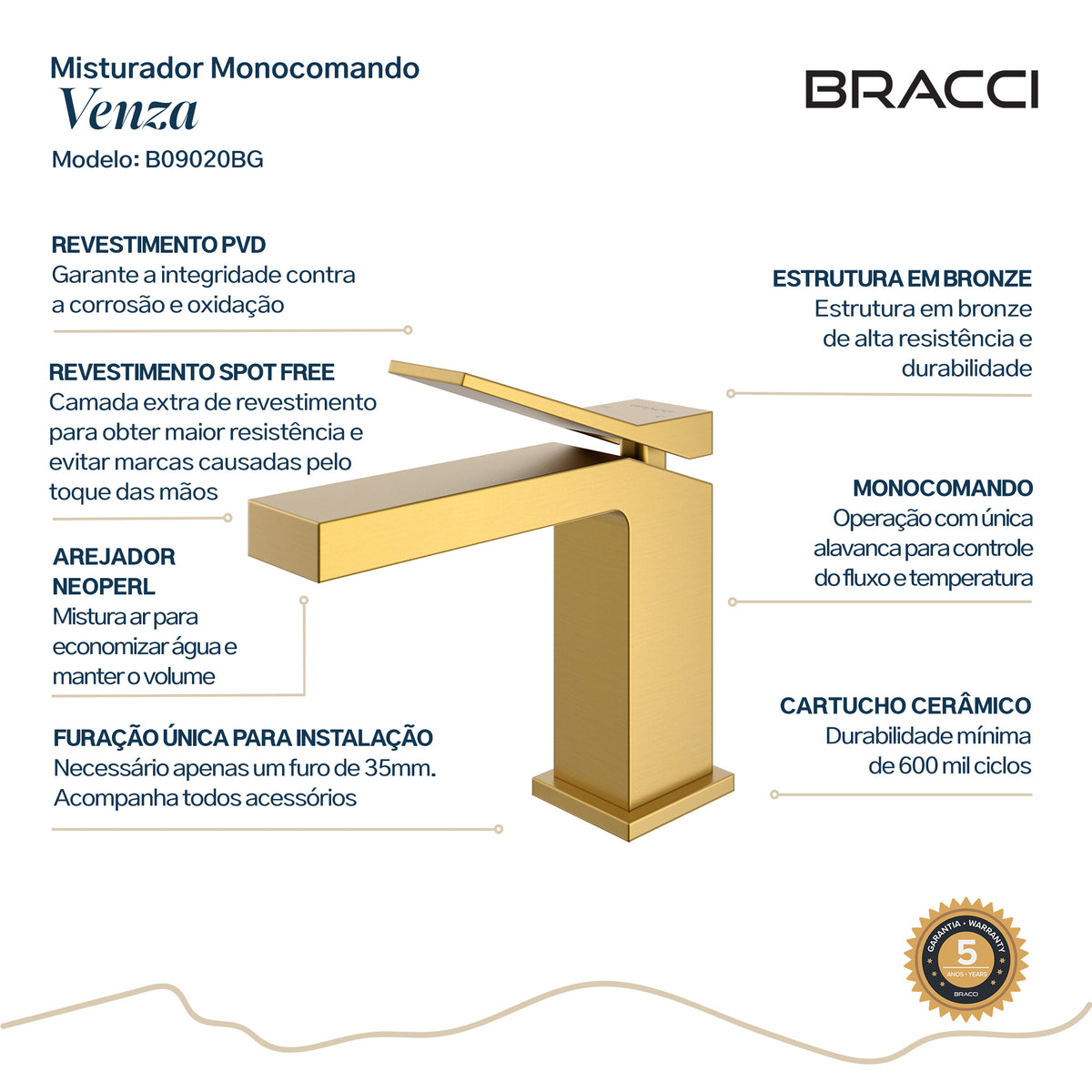Torneira Monocomando Q/F Venza Dourado Escovado Baixa - Setas