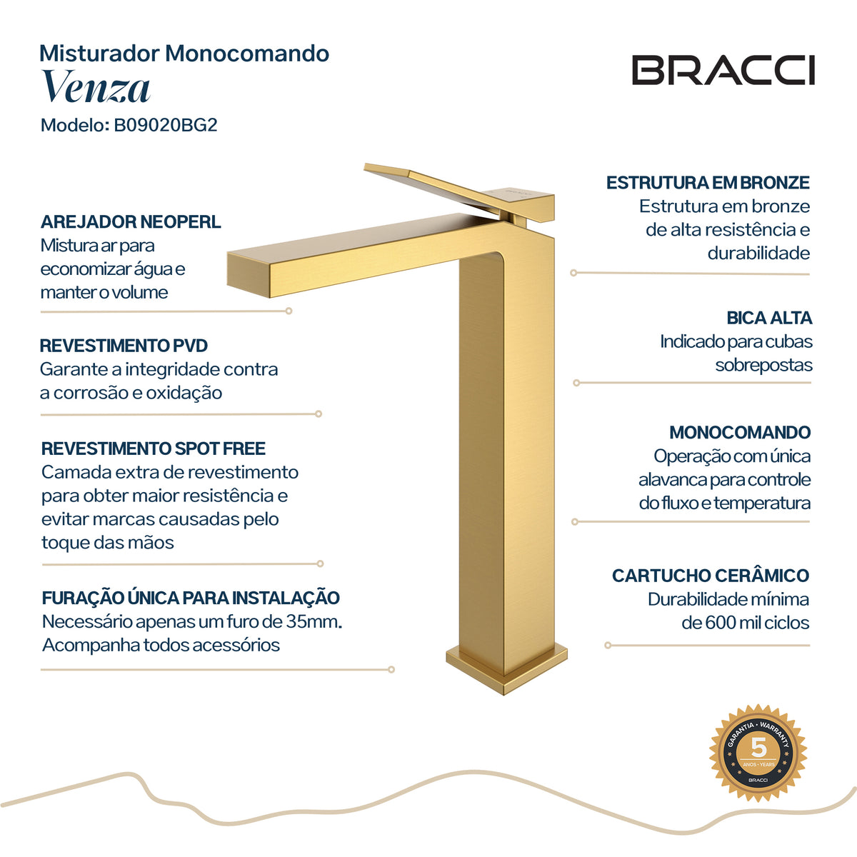 Torneira Monocomando Q/F Venza Dourado Escovado Alta - Setas