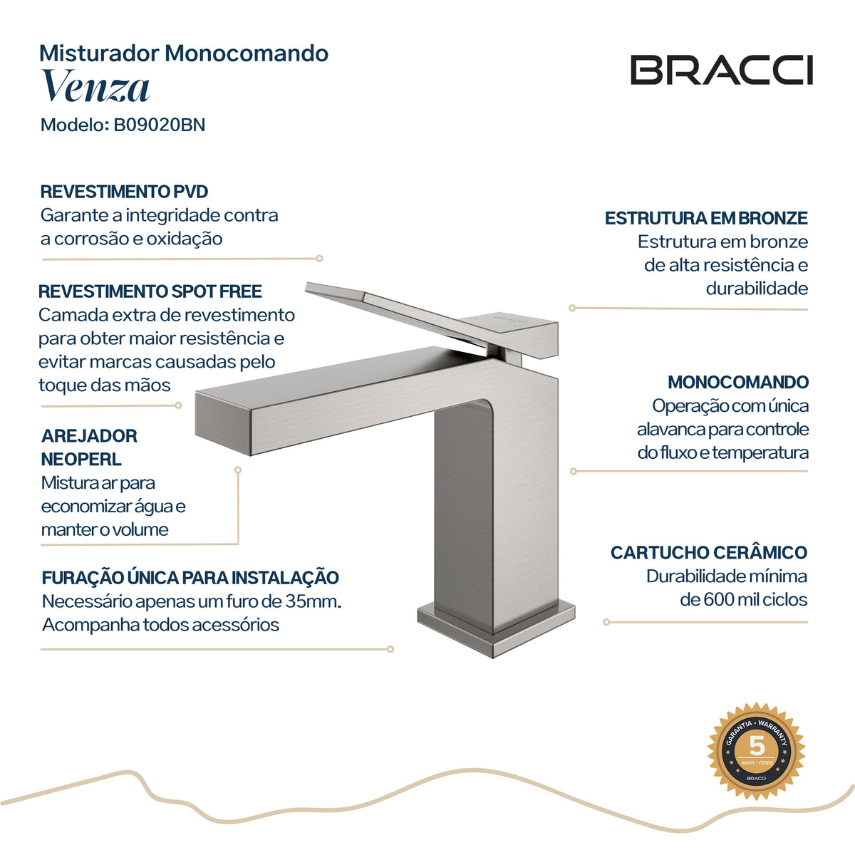 Torneira Monocomando Q/F Venza Aço Escovado Baixa - Setas