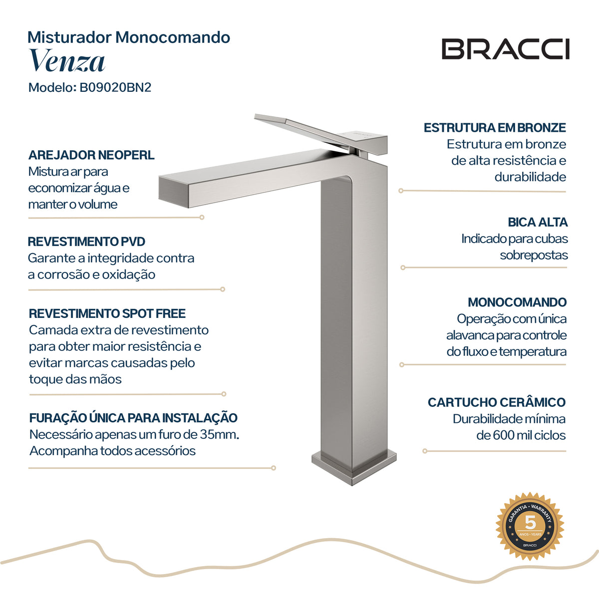 Torneira Monocomando Q/F Venza Aço Escovado Alta - Setas