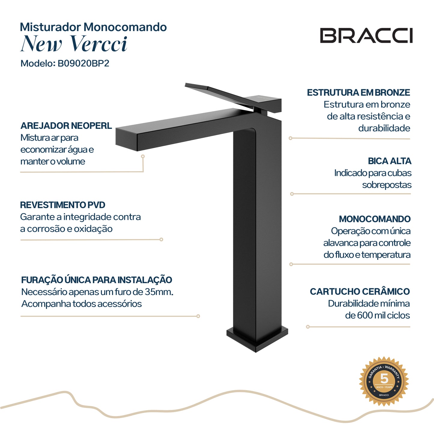 TORNEIRA MONOCOMANDO Q/F NEW VERCCI PRETO ALTO PVD