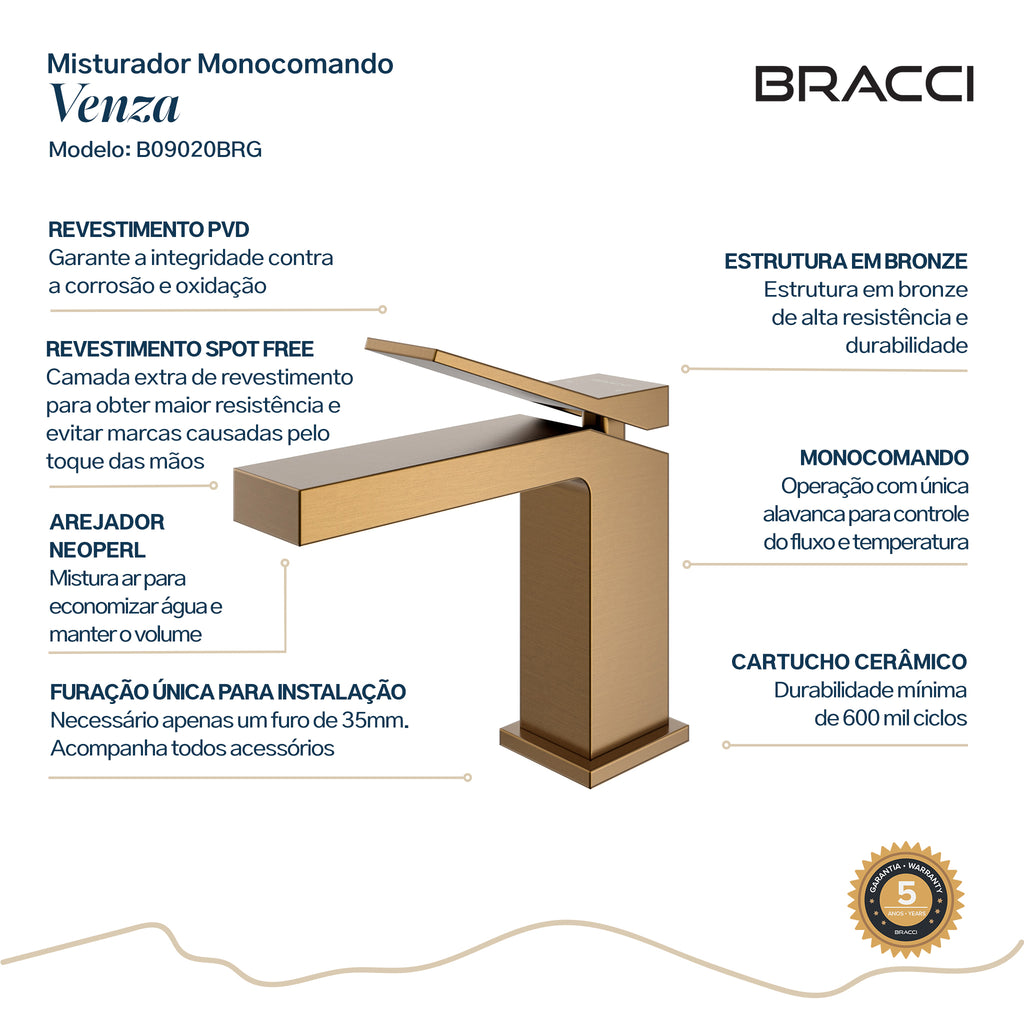 Torneira Monocomando Q/F Venza Rose Escovado Baixa - Setas