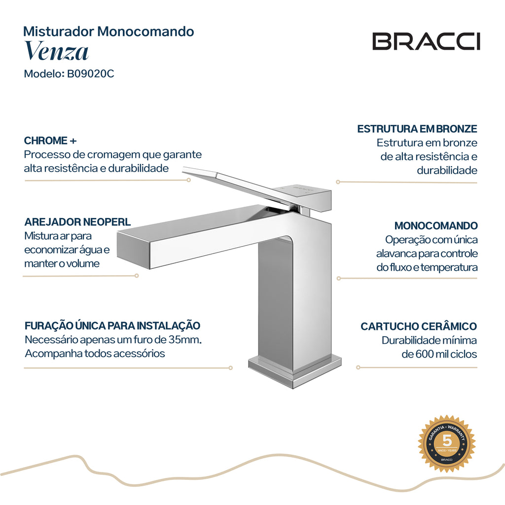 Torneira Monocomando Q/F Venza Cromado Baixa - Setas