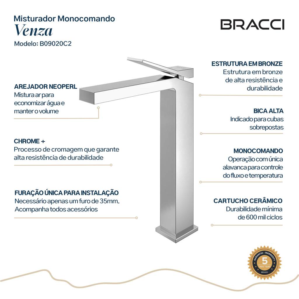 Torneira Monocomando Q/F Venza Cromado Alta - Setas