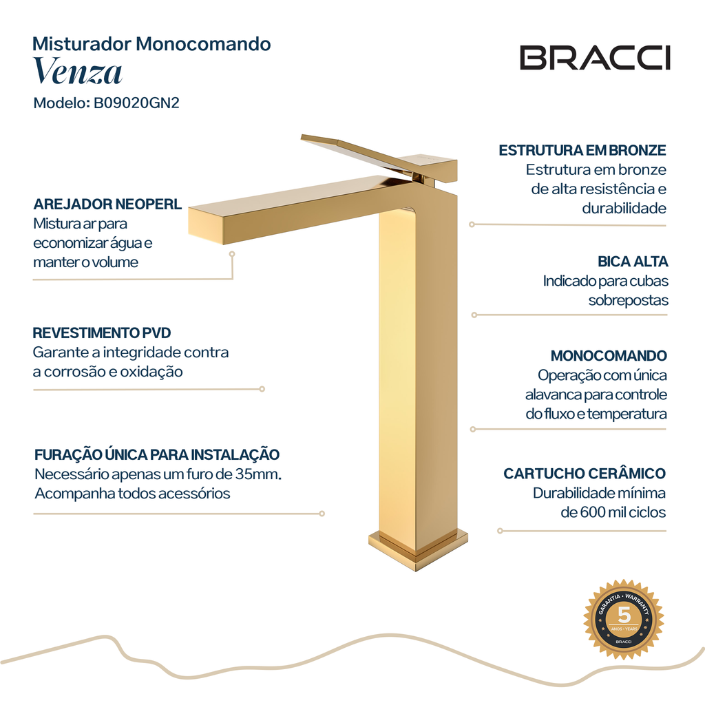 Torneira Monocomando Q/F Venza Dourado Alta Nanotecnologia - Setas