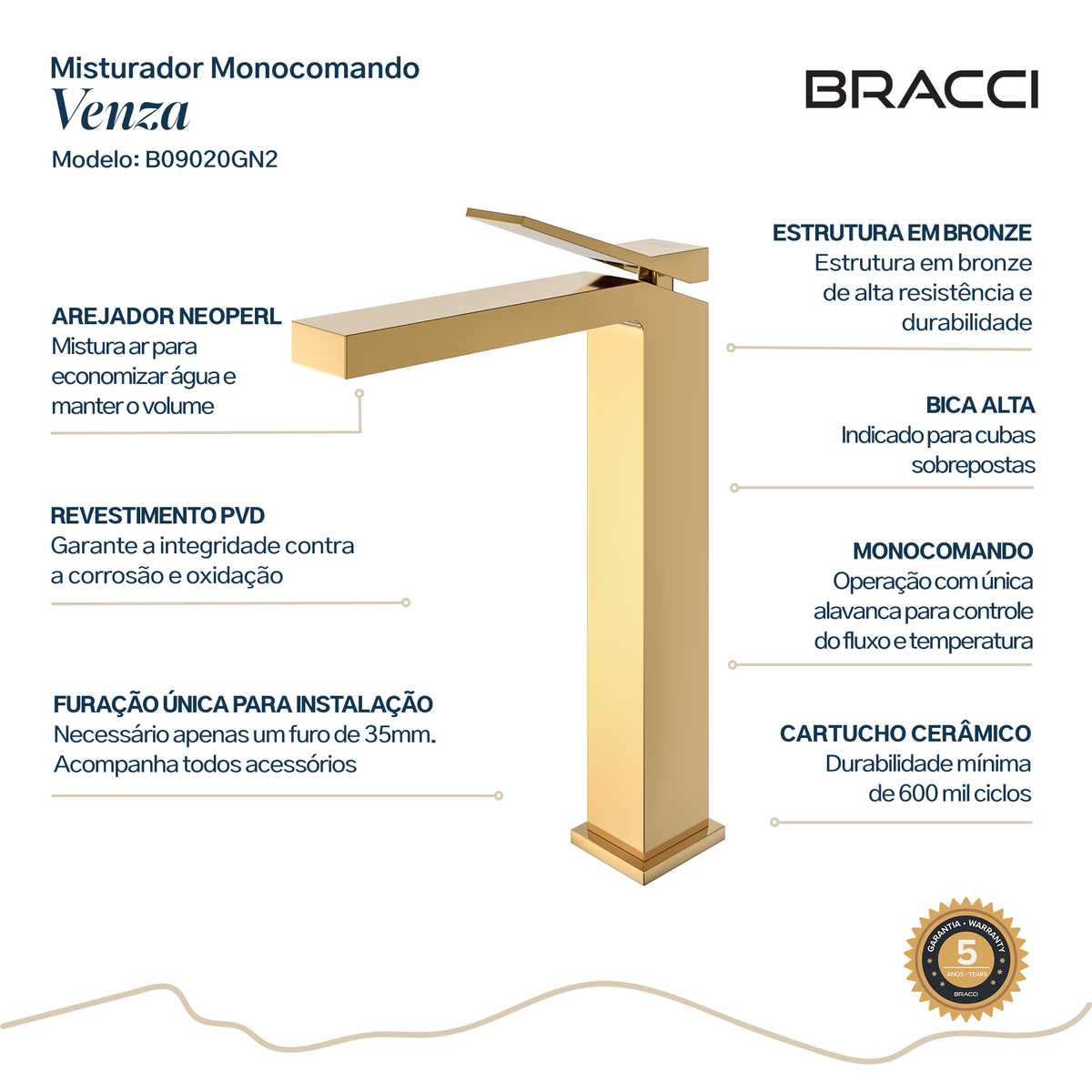 Torneira Monocomando Q/F Venza Dourado Alta Nanotecnologia - Setas