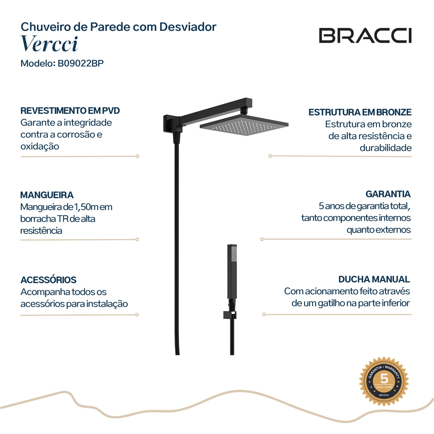 CHUVEIRO COM DESVIADOR PRETO FOSCO VERCCI