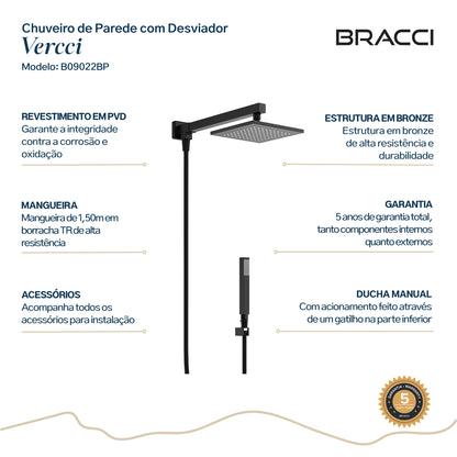 CHUVEIRO COM DESVIADOR PRETO FOSCO VERCCI