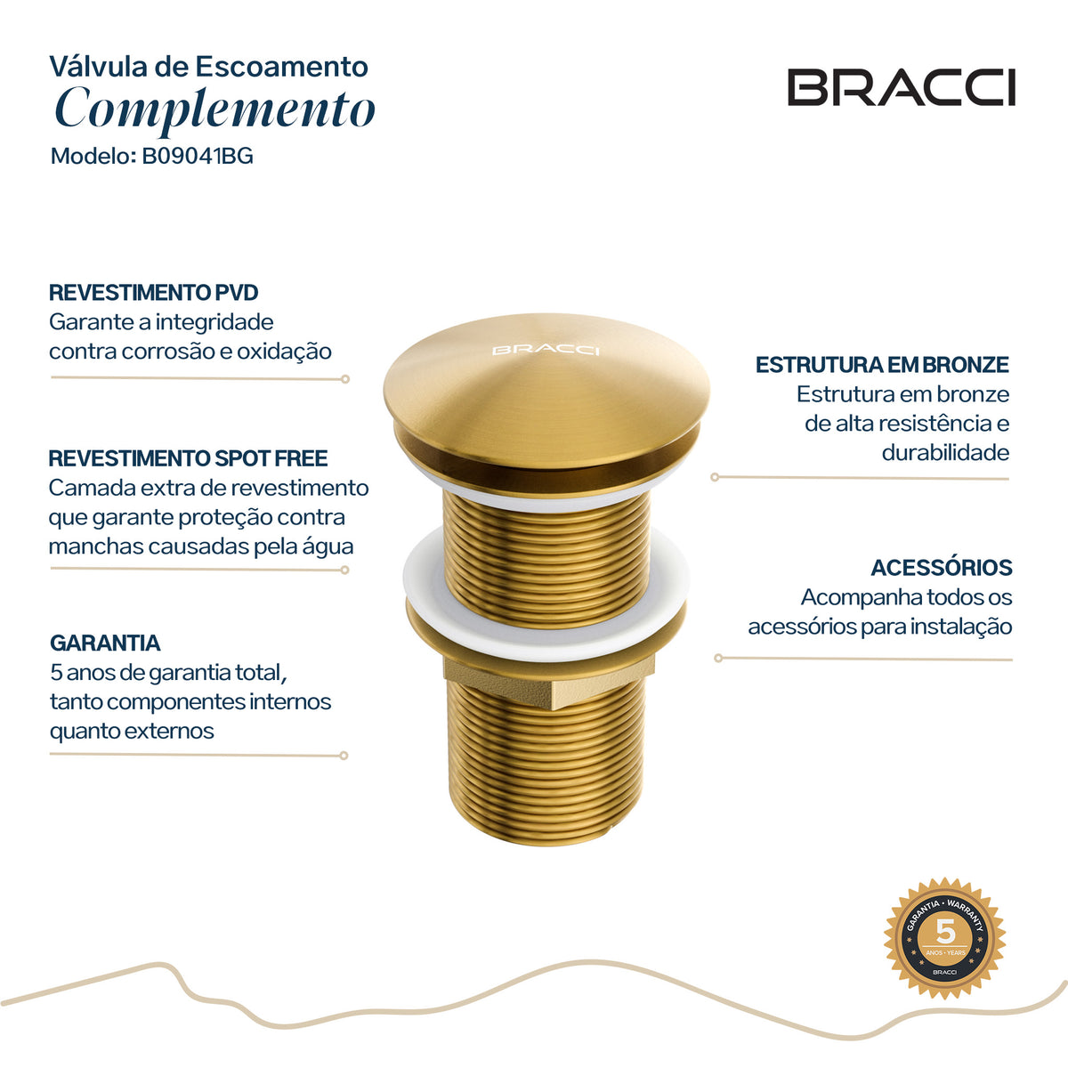 VÁLVULA DE ESCOAMENTO DOURADO ESCOVADO COM LADRÃO