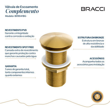 VÁLVULA DE ESCOAMENTO DOURADO ESCOVADO COM LADRÃO
