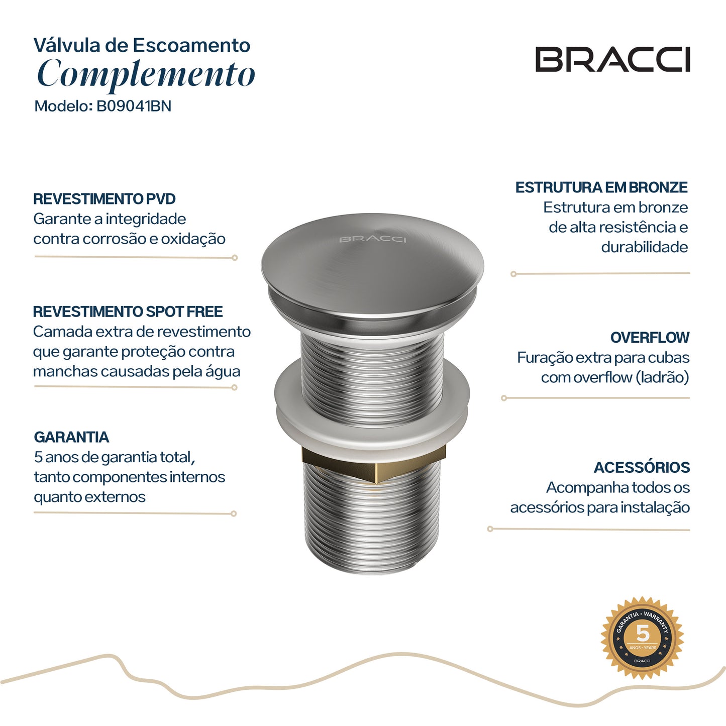 VÁLVULA DE ESCOAMENTO AÇO ESCOVADO COM LADRÃO