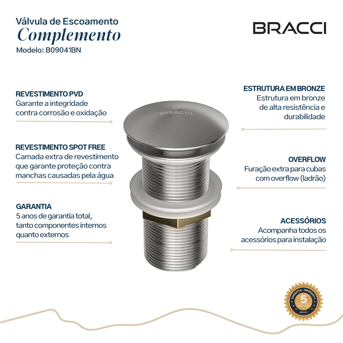 VÁLVULA DE ESCOAMENTO AÇO ESCOVADO COM LADRÃO