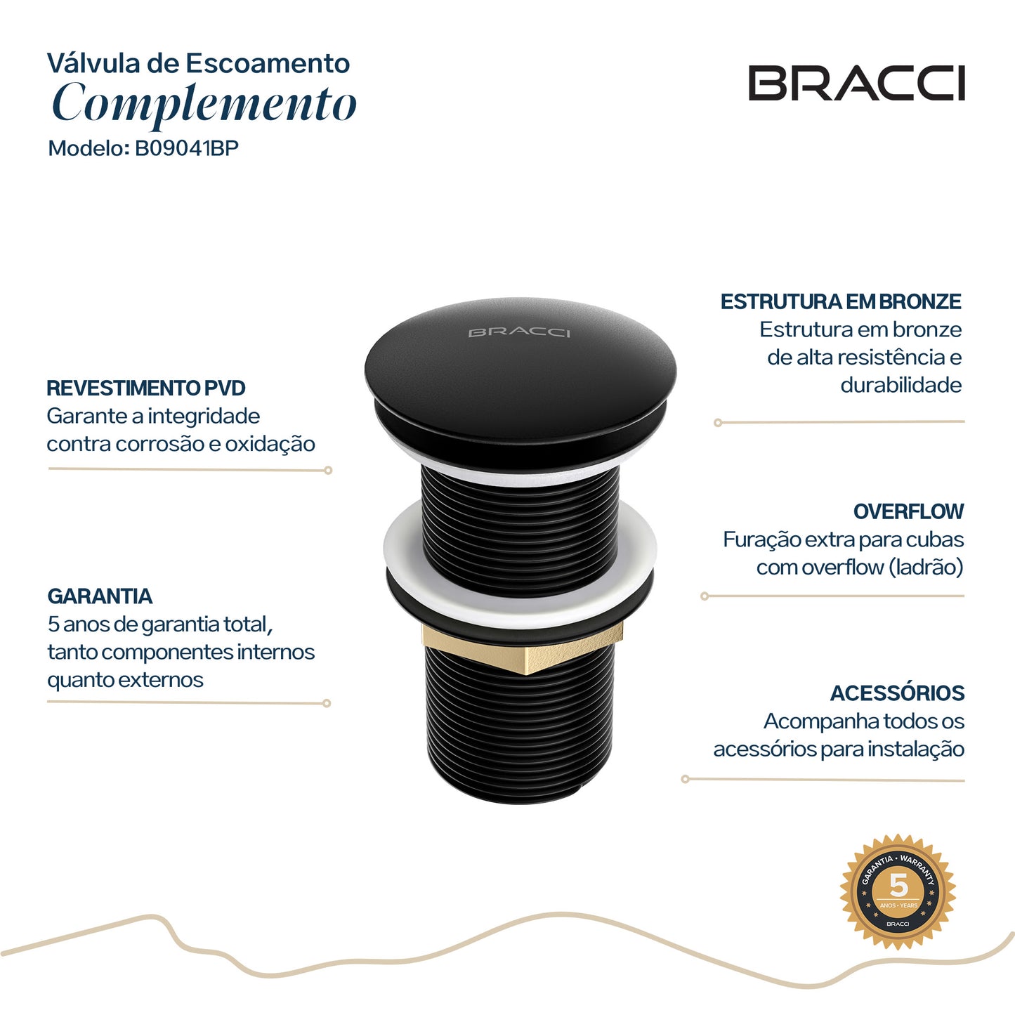VÁLVULA DE ESCOAMENTO PRETO FOSCO COM LADRÃO