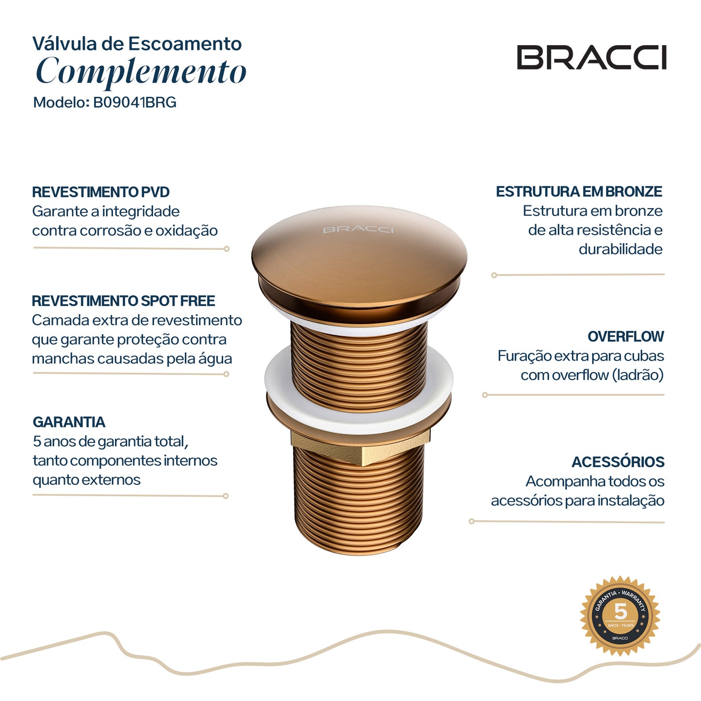 VÁLVULA DE ESCOAMENTO ROSE ESCOVADO COM LADRÃO