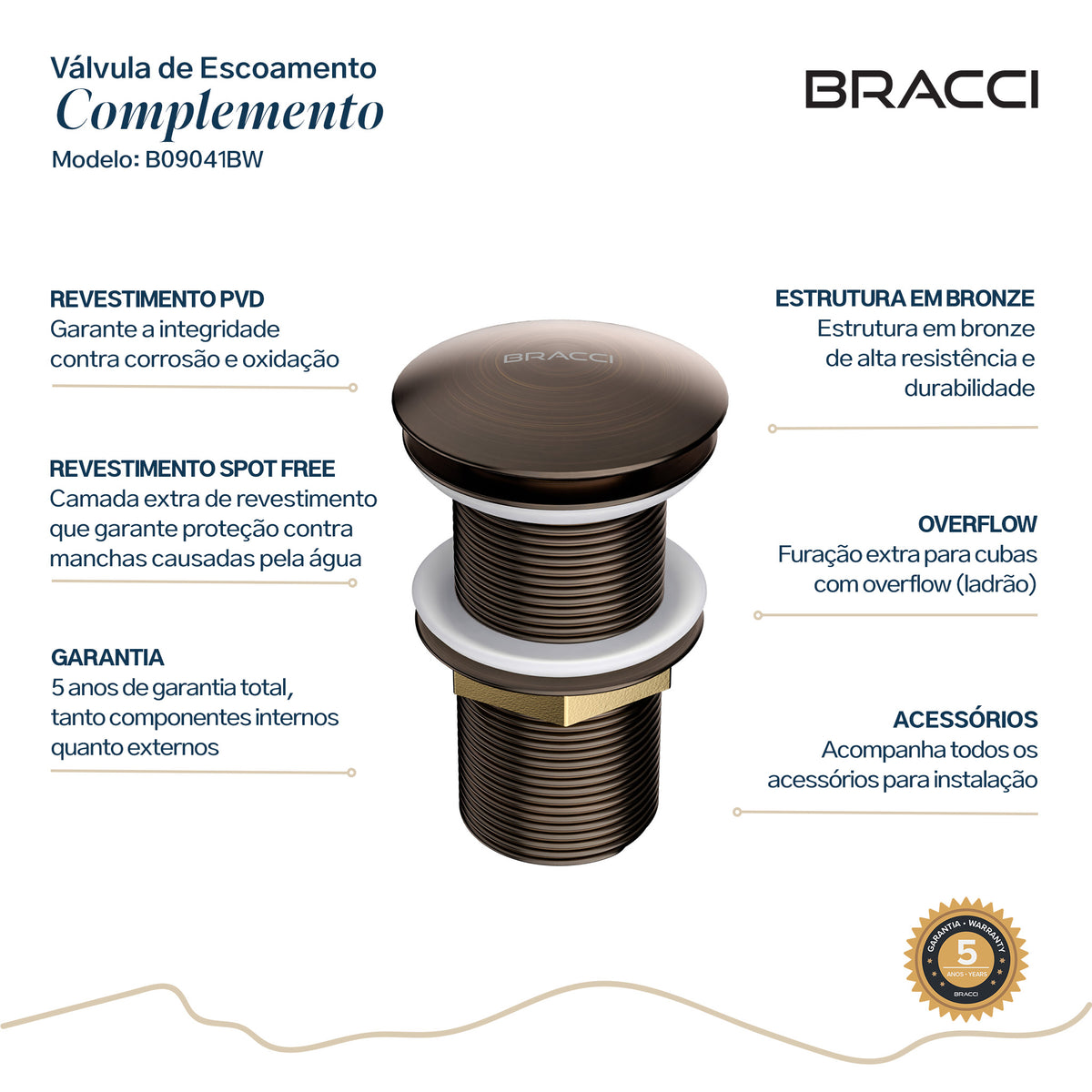 VÁLVULA DE ESCOAMENTO BRONZE ESCOVADO COM LADRÃO