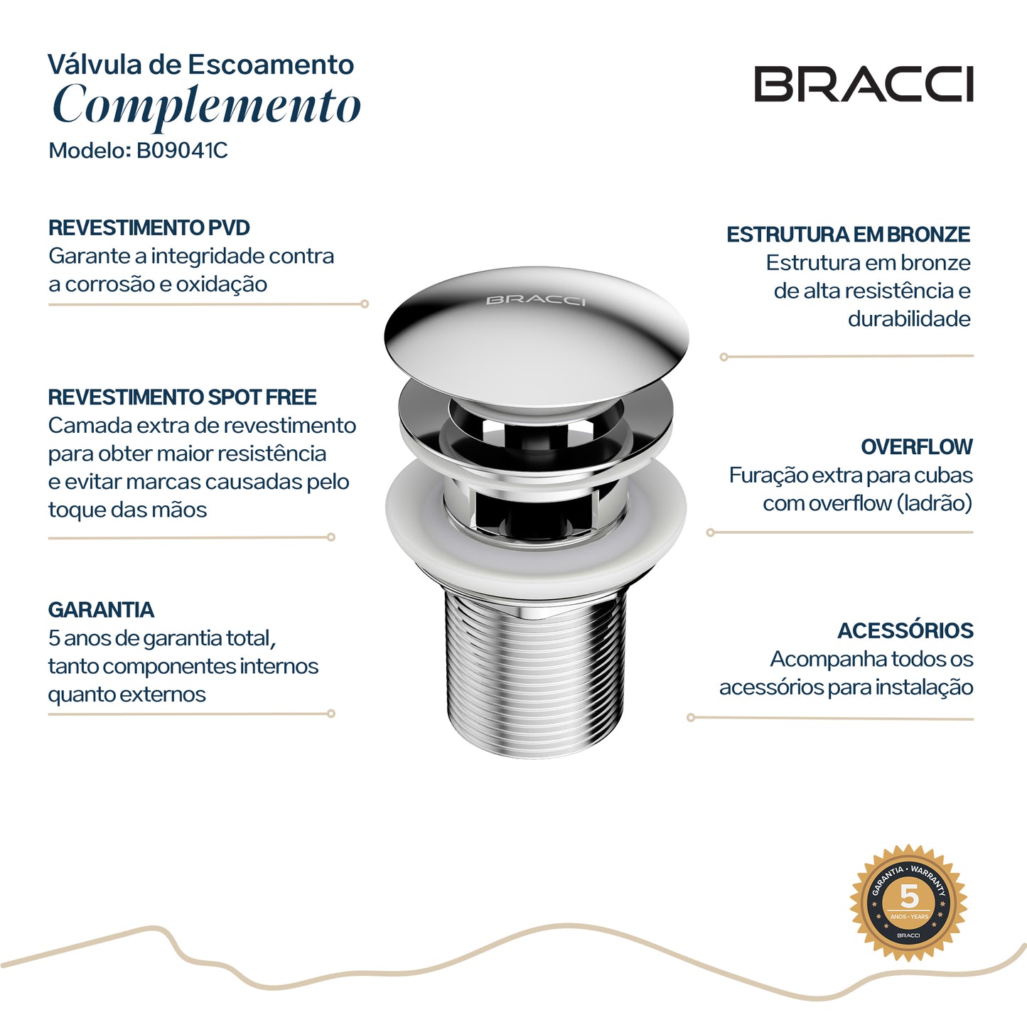 VÁLVULA DE ESCOAMENTO CROMADO COM LADRÃO