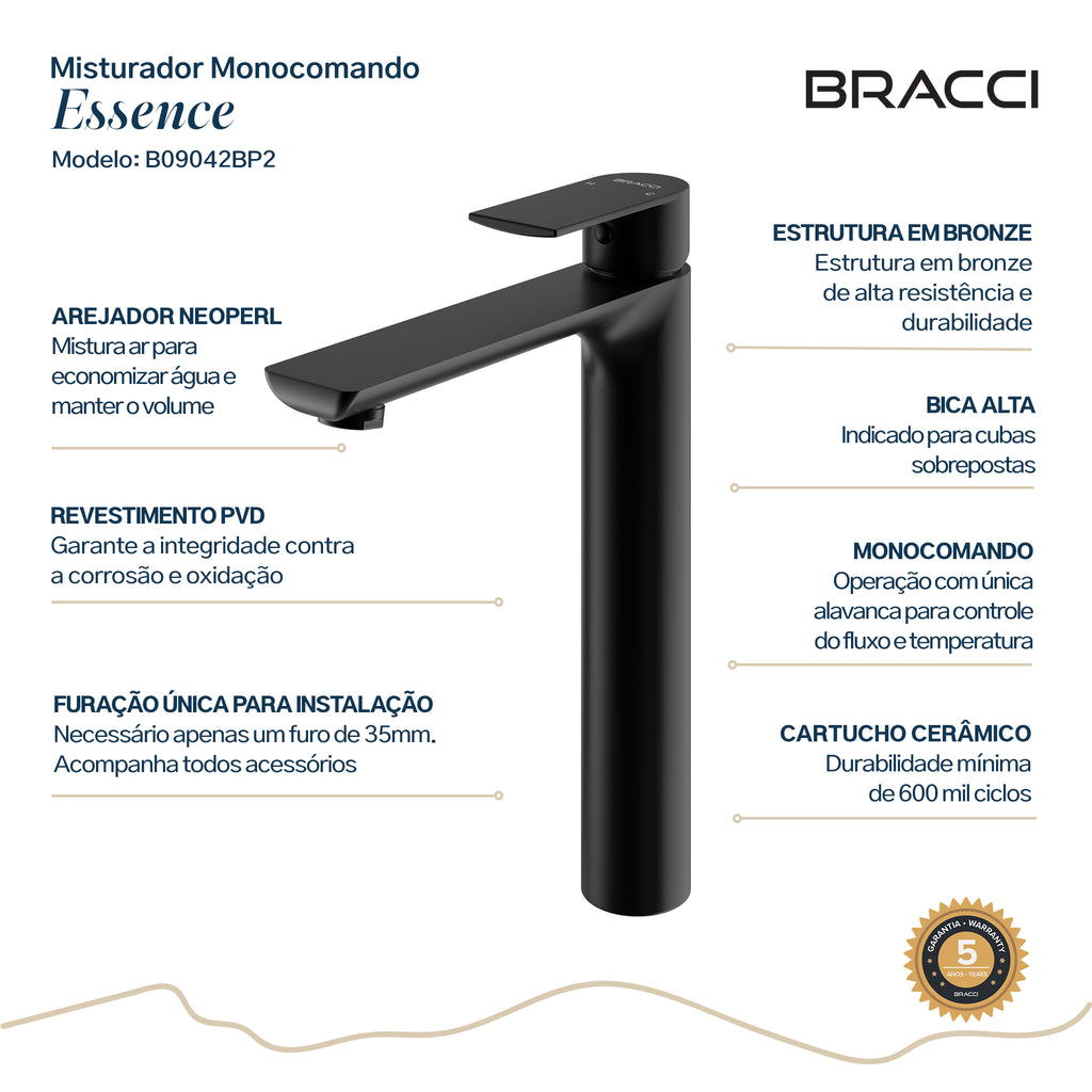 TORNEIRA MONOCOMANDO Q/F ESSENCE ALTO PRETO PVD