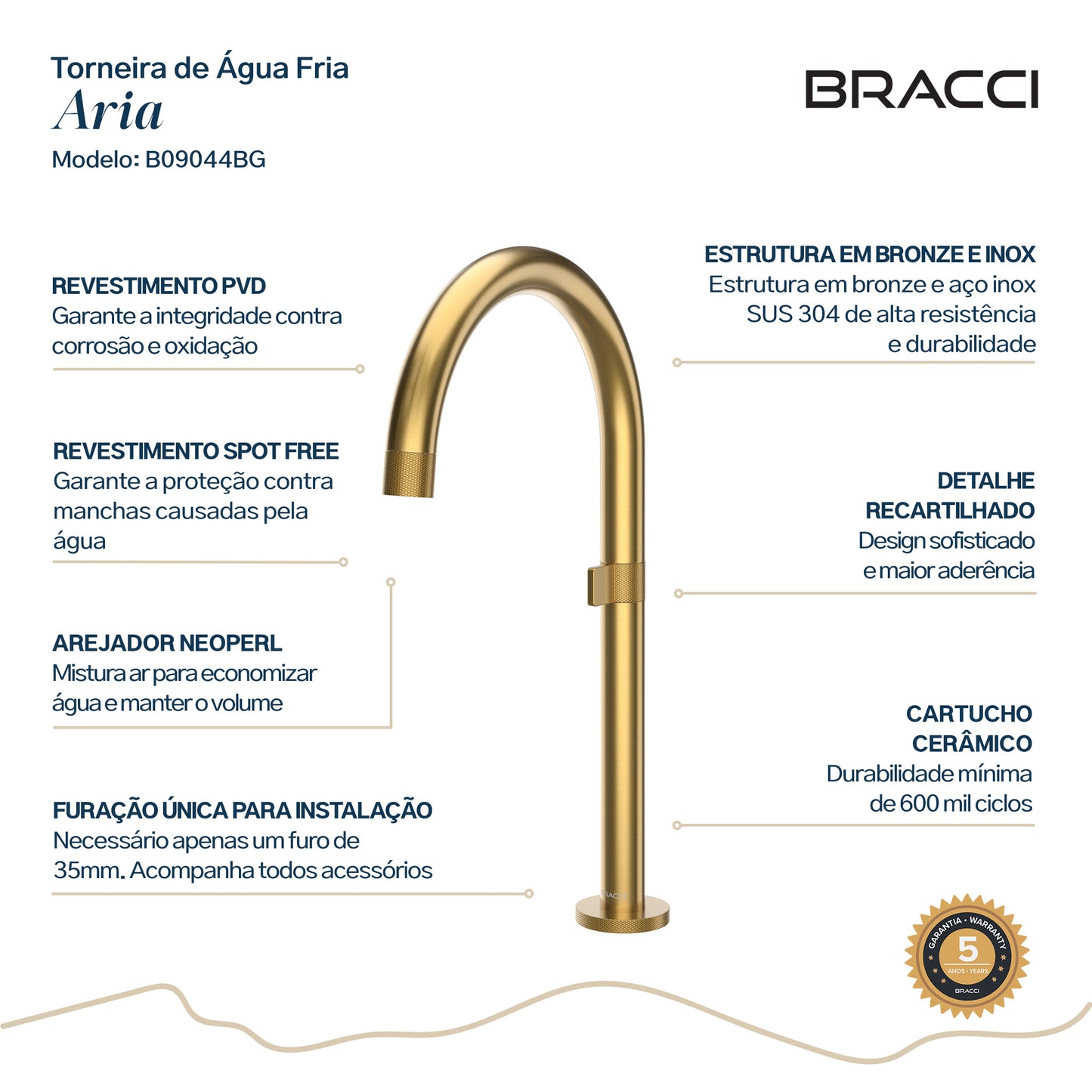 TORNEIRA ÁGUA FRIA ARIA DOURADO ESCOVADO