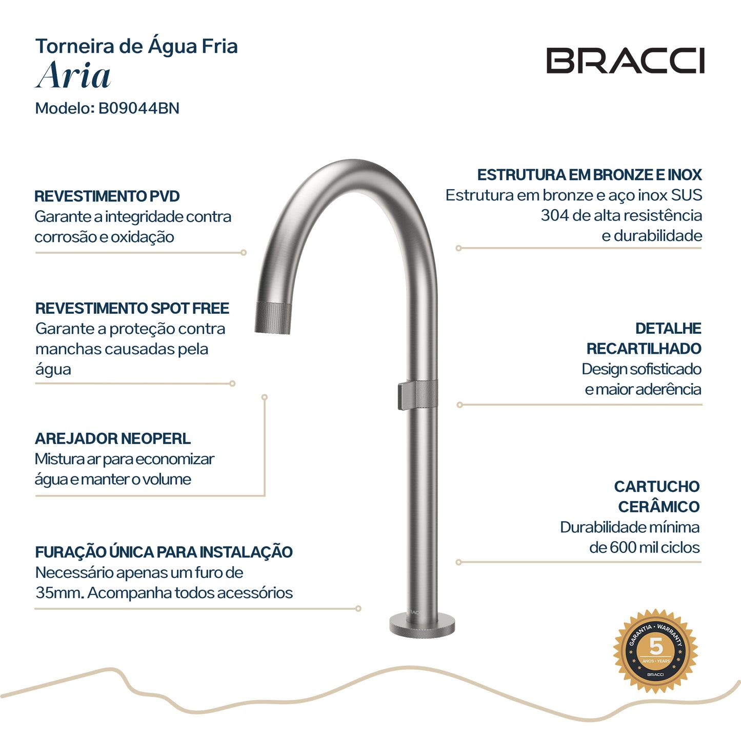 TORNEIRA ÁGUA FRIA ARIA AÇO ESCOVADO