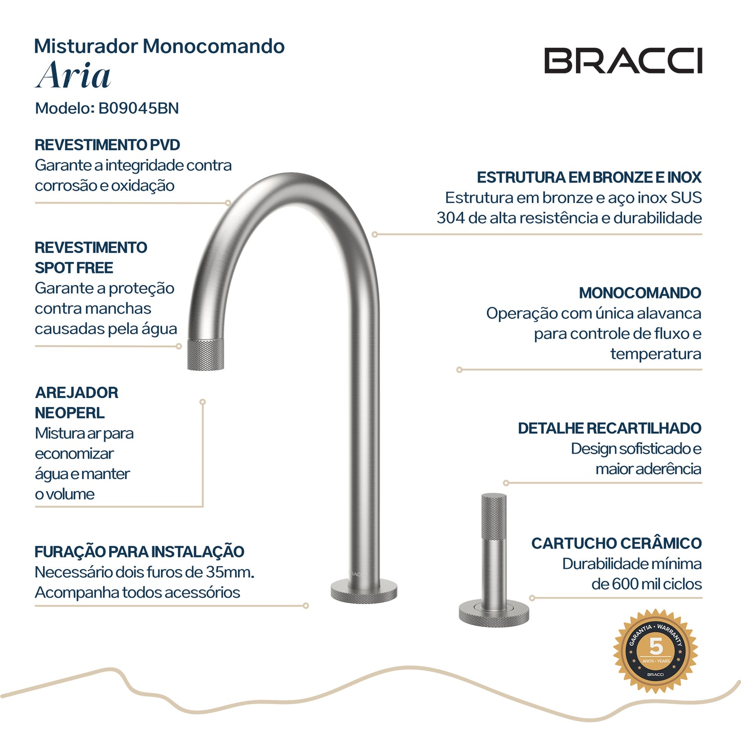 TORNEIRA MONOCOMANDO Q/F ARIA AÇO ESCOVADO