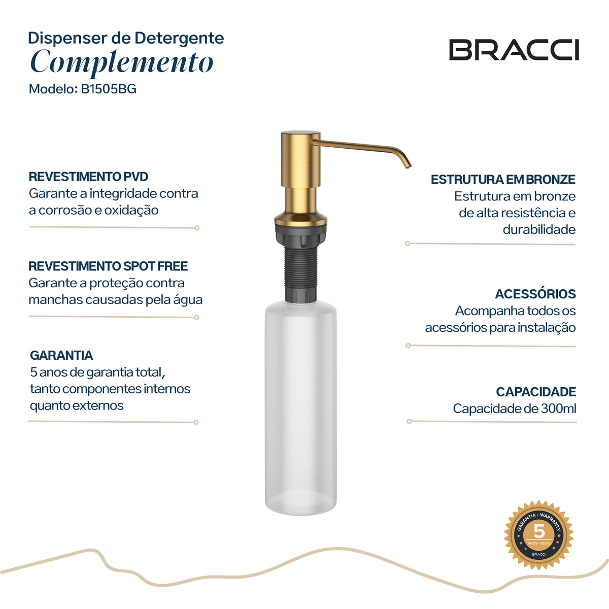 Dispenser de Detergente Dourado Escovado