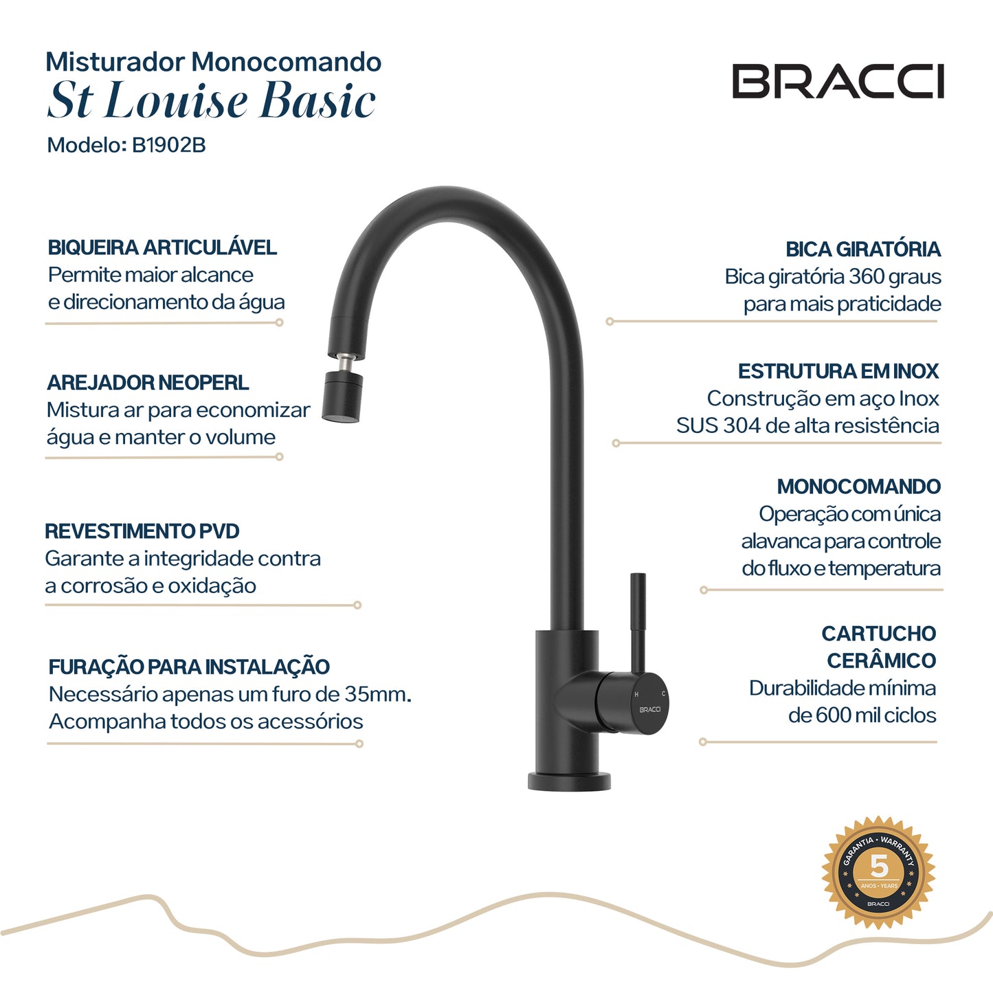 TORNEIRA MONOCOMANDO Q/F ST LOUISE BASIC PRETO