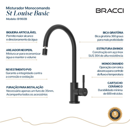 TORNEIRA MONOCOMANDO Q/F ST LOUISE BASIC PRETO