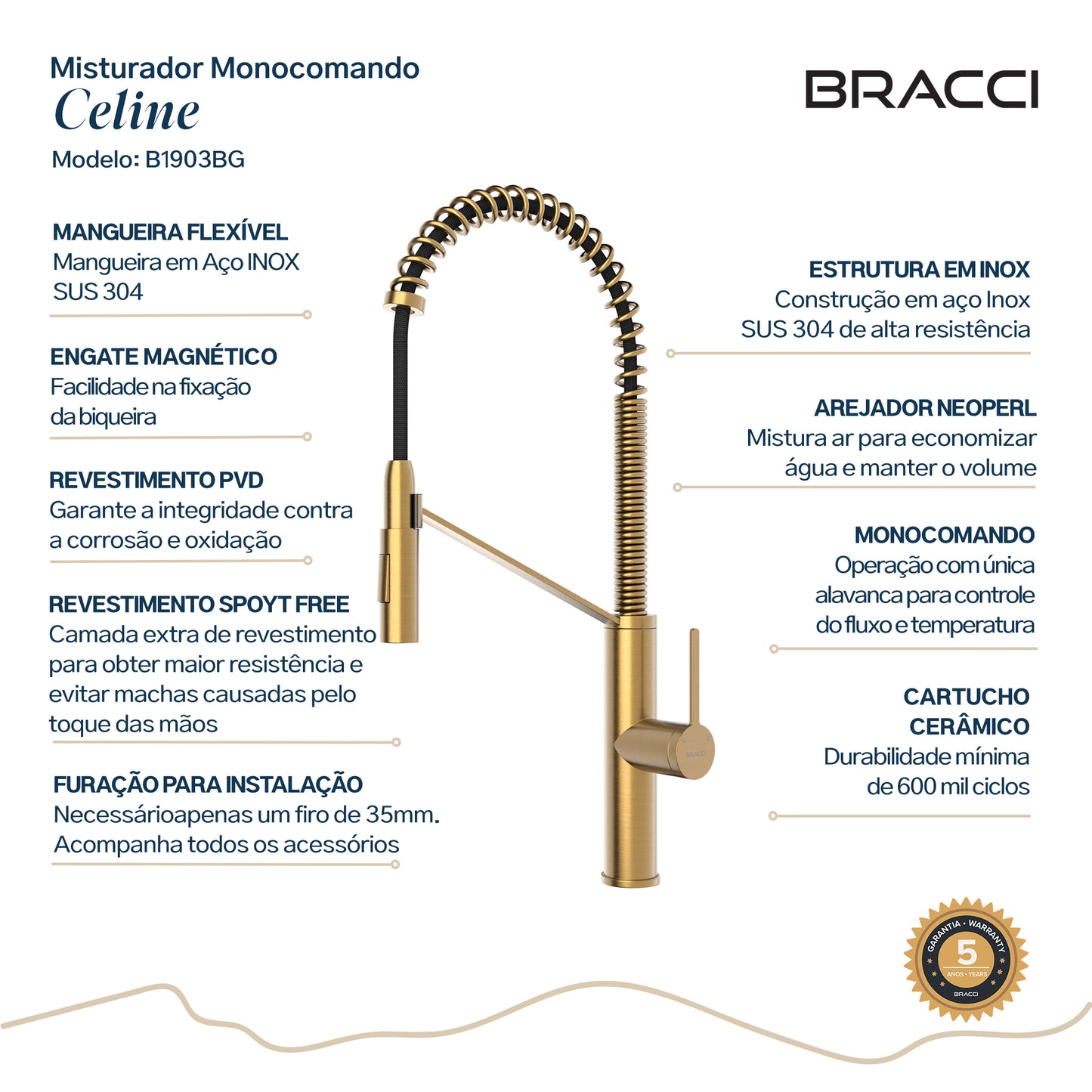 TORNEIRA MONOCOMANDO Q/F CELINE DOURADO ESCOVADO