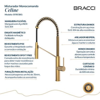 TORNEIRA MONOCOMANDO Q/F CELINE DOURADO ESCOVADO