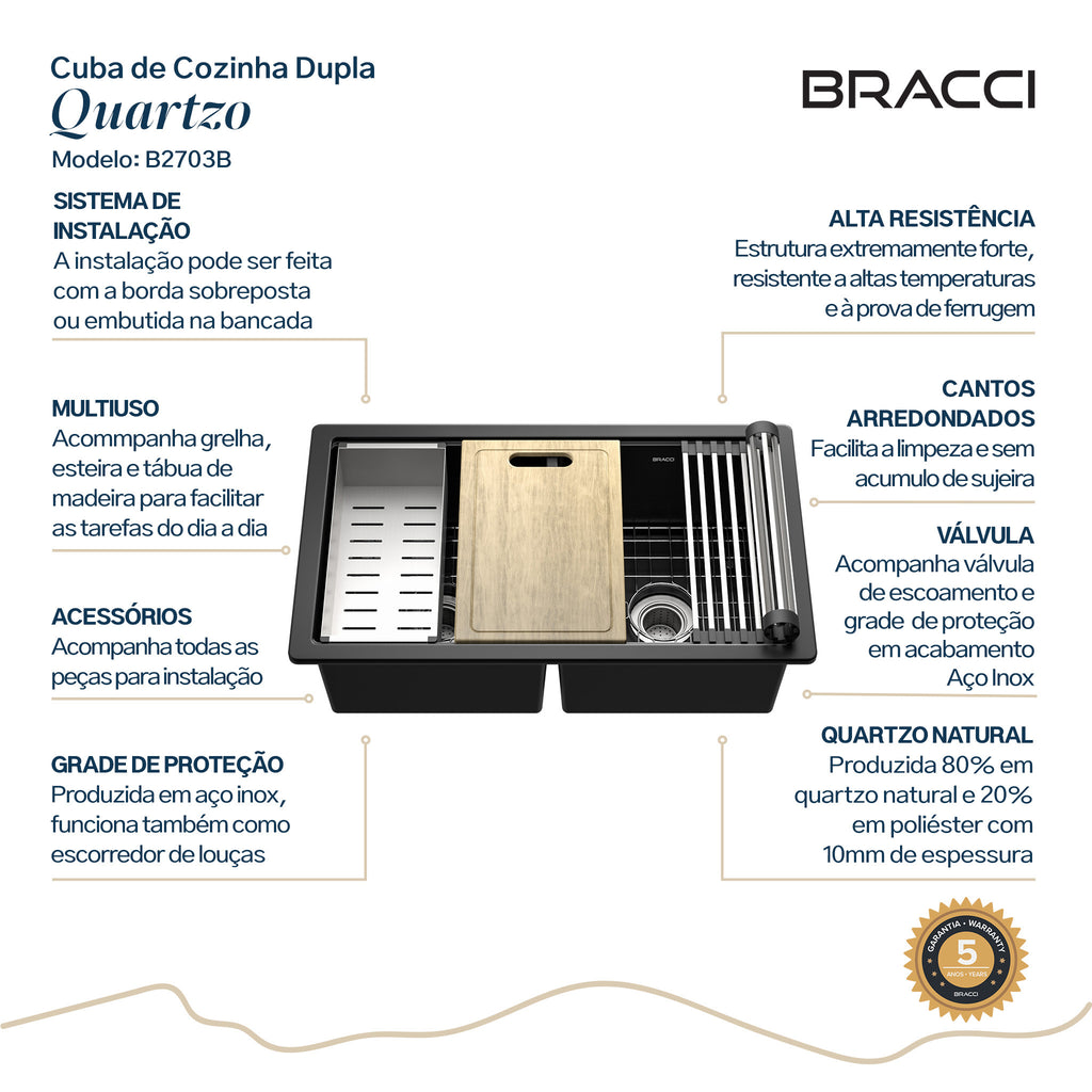 CUBA DE COZINHA DUPLA QUARTZO  79CM