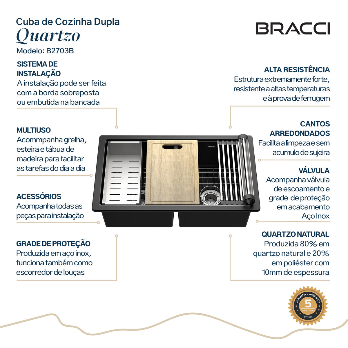 CUBA DE COZINHA DUPLA QUARTZO  79CM