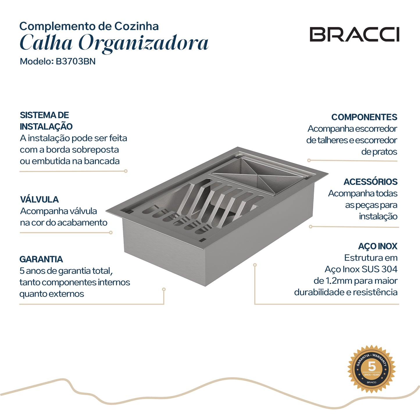 CALHA ORGANIZADORA AÇO ESCOVADO