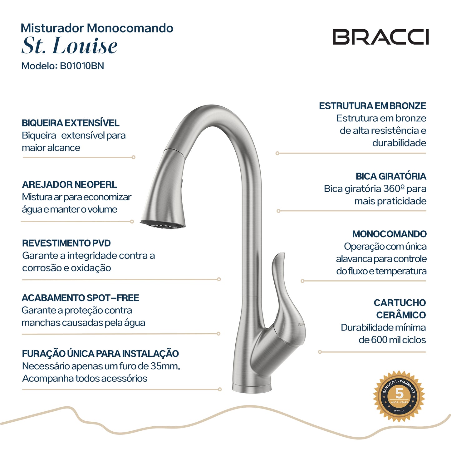 TORNEIRA MONOCOMANDO Q/F ST LOUISE AÇO ESCOVADO