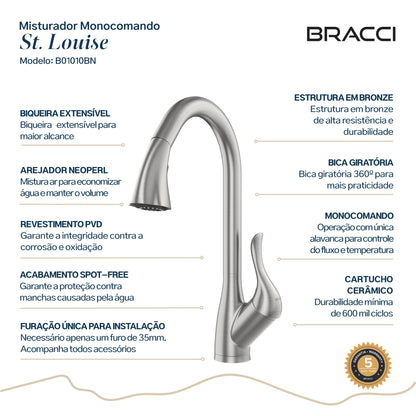 TORNEIRA MONOCOMANDO Q/F ST LOUISE AÇO ESCOVADO