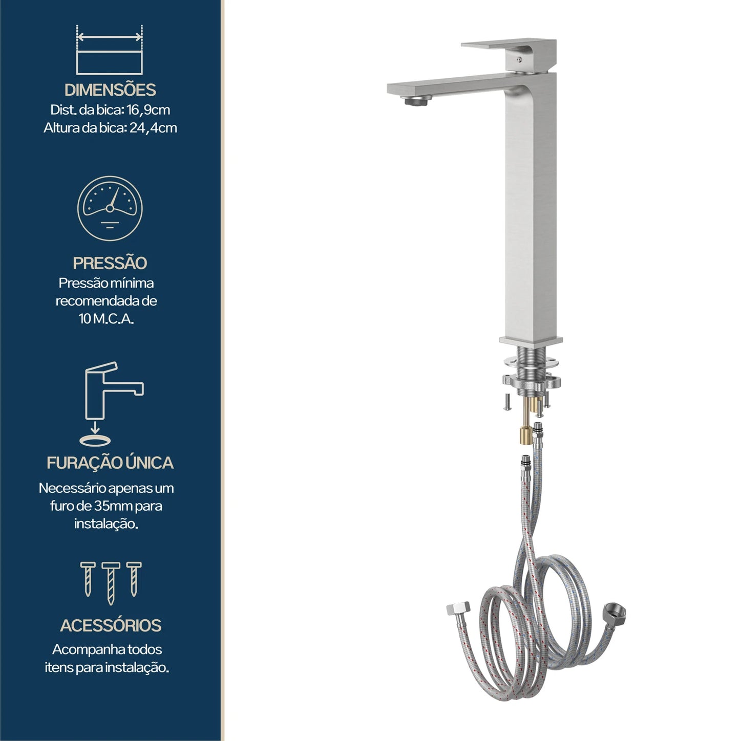 TORNEIRA MONOCOMANDO Q/F VERCCI SLIM ALTO AÇO ESCOVADO
