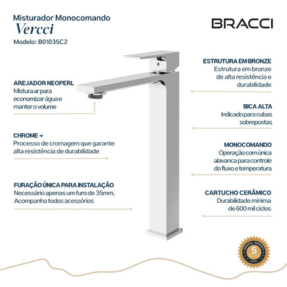 TORNEIRA MONOCOMANDO Q/F VERCCI SLIM ALTO CROMADO