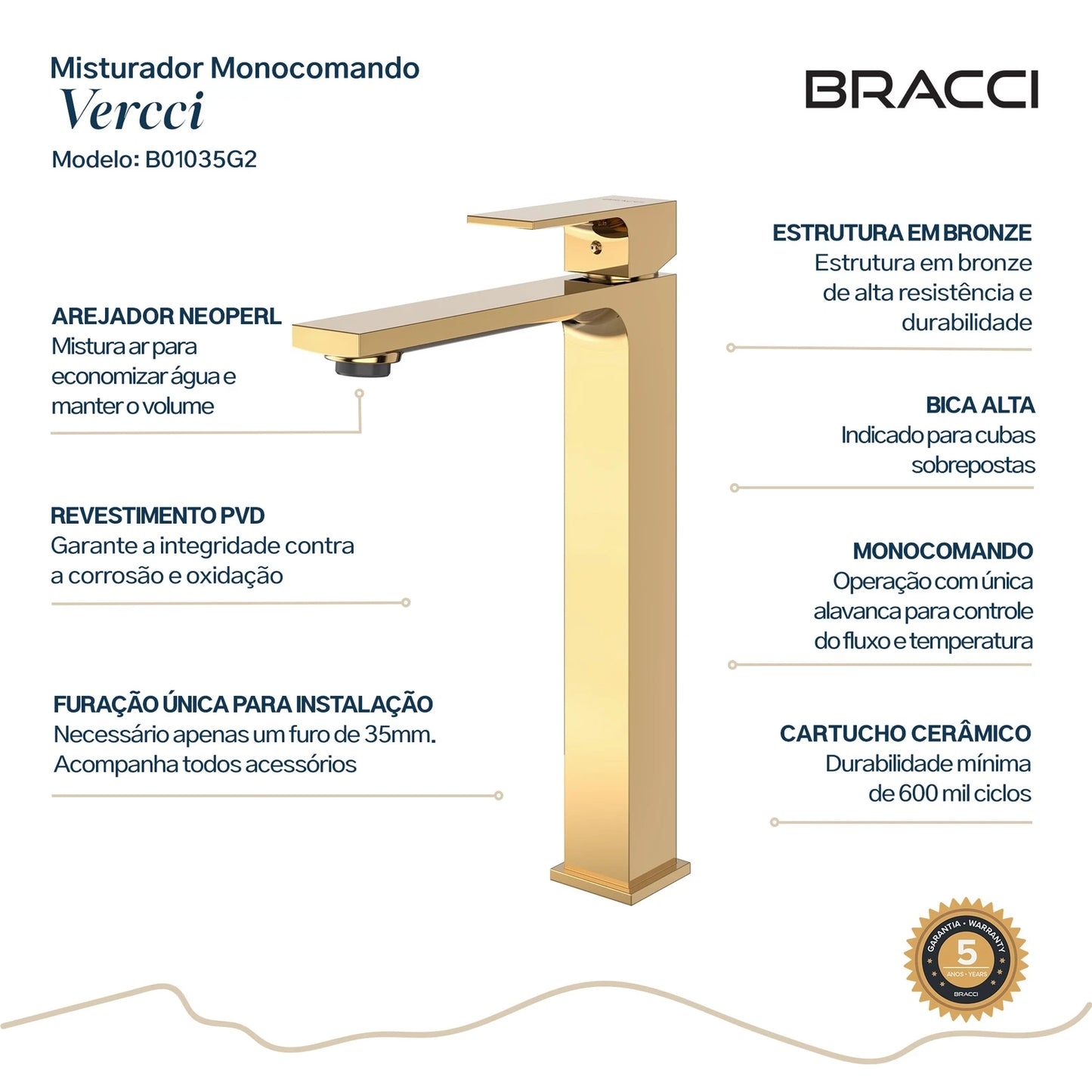 TORNEIRA MONOCOMANDO Q/F VERCCI SLIM ALTO DOURADO