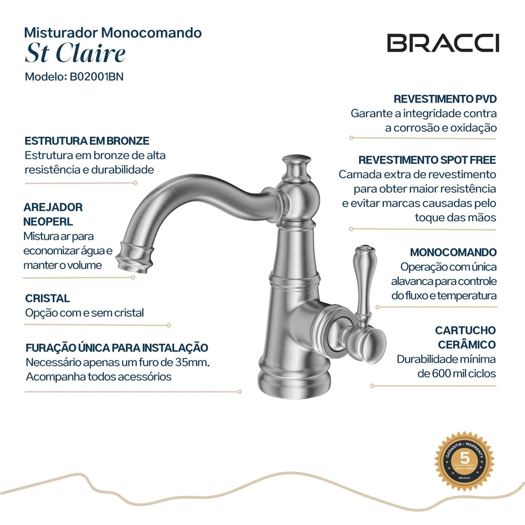 TORNEIRA MONOCOMANDO Q/F ST CLAIRE AÇO ESCOVADO